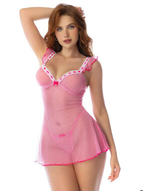 Mapale - 7624 - Sheer Ruffle Babydoll & Thong - Pink Romance
